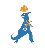 dinosaure bleu tient des clés à molette et porte un casque